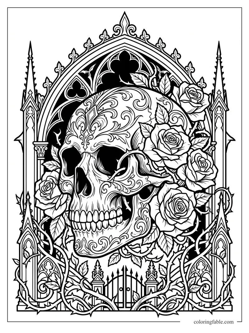 Intricate gothic skull coloring page with roses, vines, cathedral arches, spires, and an iron gate.
