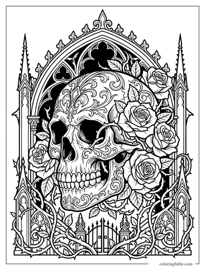 Intricate gothic skull coloring page with roses, vines, cathedral arches, spires, and an iron gate.
