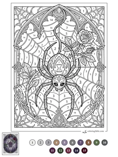 Gothic Spider in a Rose Window Web — color by number