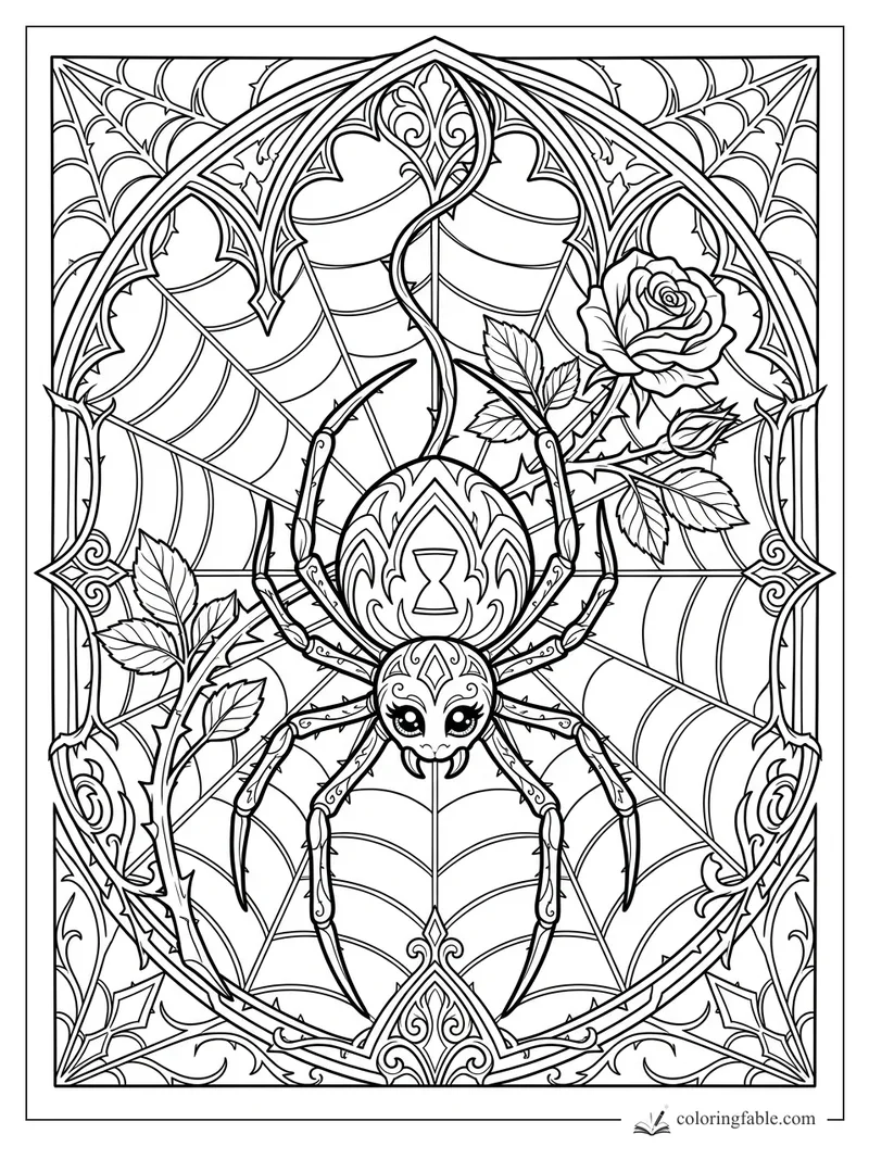 Ornate gothic spider on a web with roses, thorny stems, arches, and stained-glass-style patterns