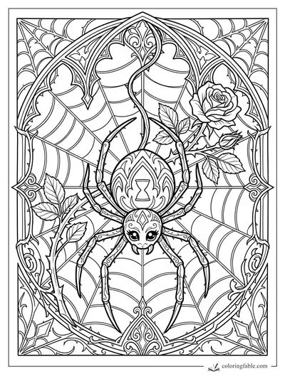 Ornate gothic spider on a web with roses, thorny stems, arches, and stained-glass-style patterns