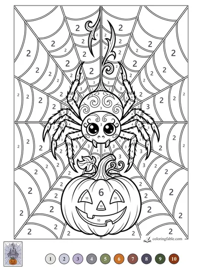 Gothic Spider on a Jack-o’-Lantern Web — color by number