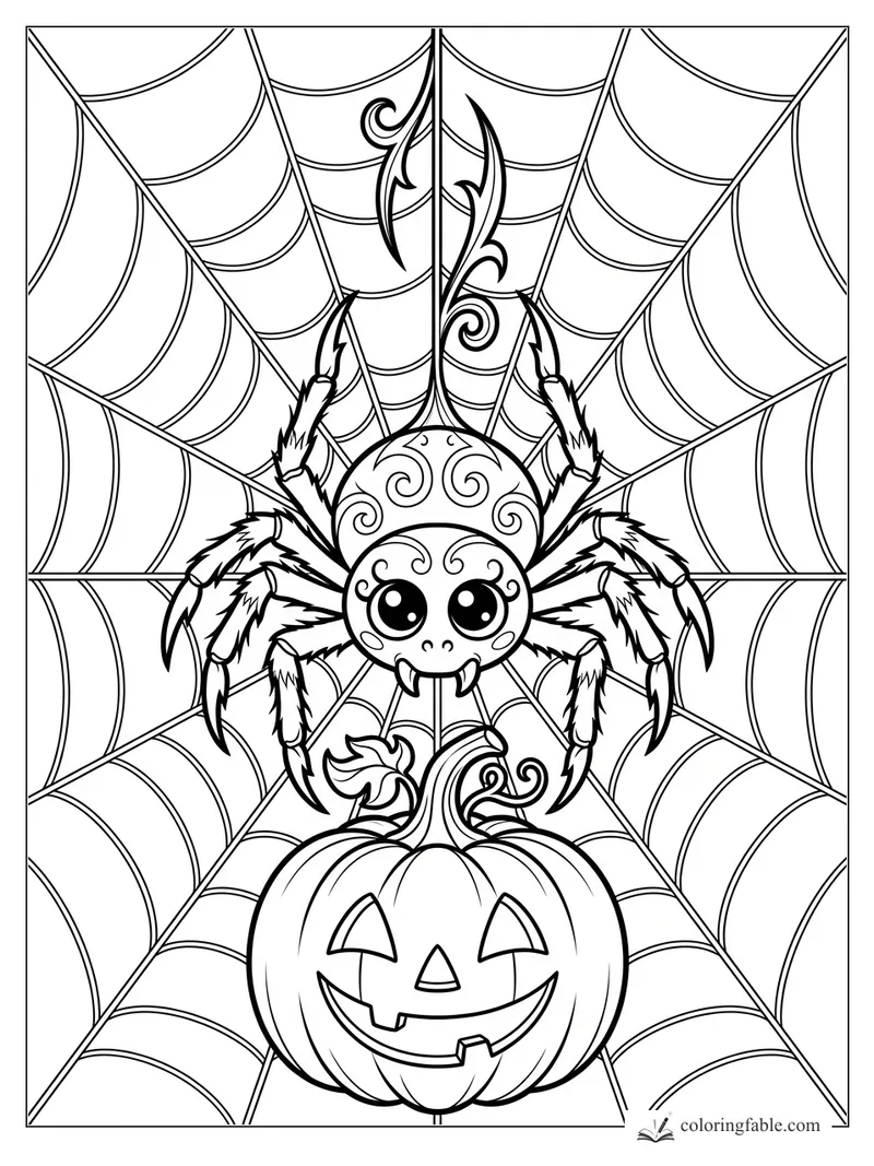 Cute gothic spider with swirly markings hanging over a jack-o’-lantern on a large web