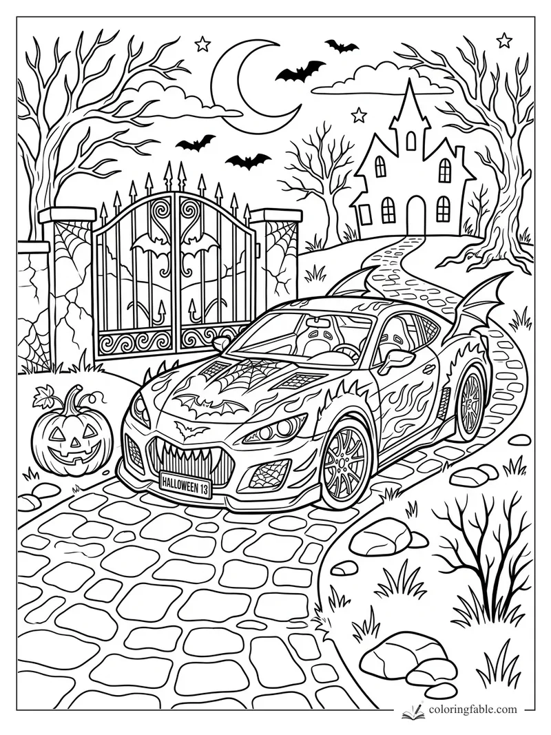 Gothic sports car with bat wings, jack-o'-lantern, castle, crescent moon, bats, and wrought-iron gate