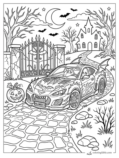 Gothic sports car with bat wings, jack-o'-lantern, castle, crescent moon, bats, and wrought-iron gate