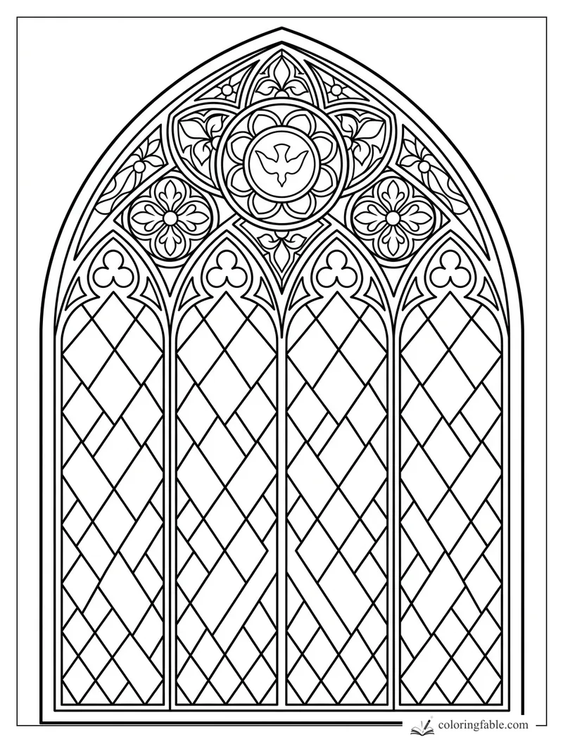 Gothic stained glass coloring page with four diamond panes, flowers, leaves, and a dove medallion