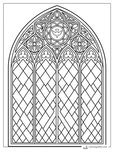 Gothic stained glass coloring page with four diamond panes, flowers, leaves, and a dove medallion