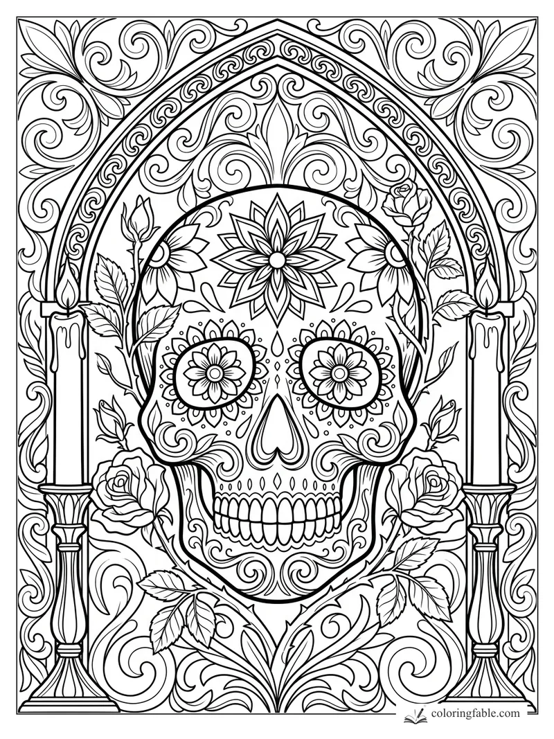 Intricate gothic sugar skull with rose eyes, tall candles, roses, leaves, and arched scrollwork