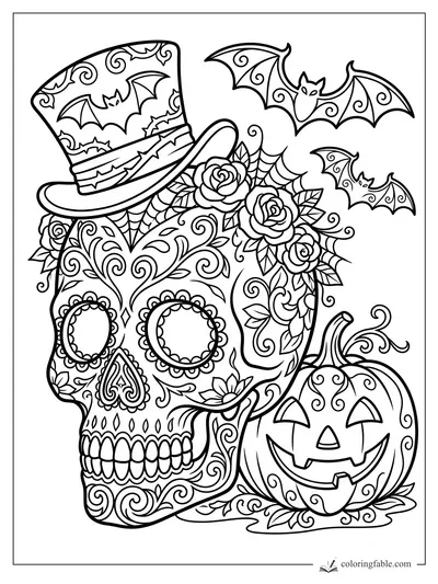 Intricate gothic sugar skull with top hat, roses, bats, spiderweb, and jack-o’-lantern