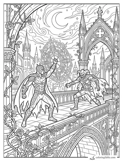 Gothic superhero raises a star shield against a jester villain on a rose-covered cathedral bridge.