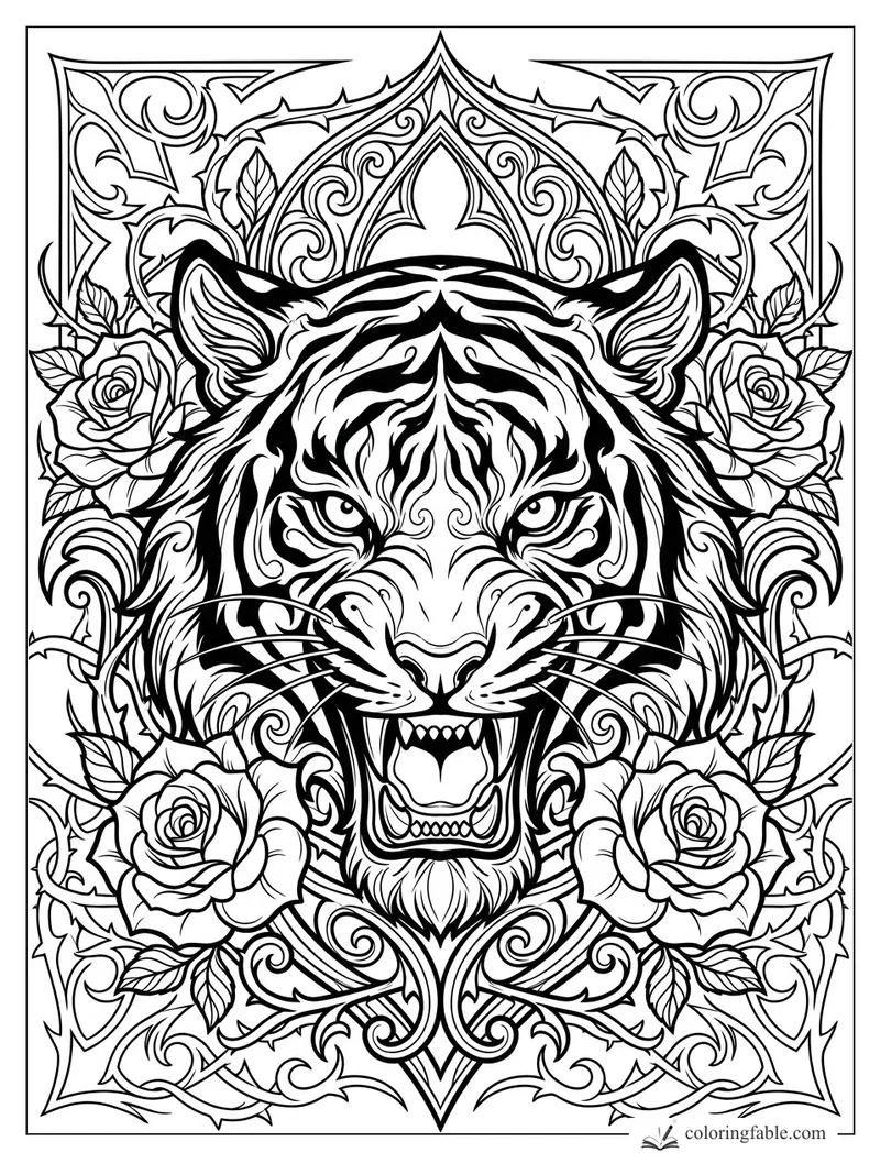 Intricate gothic tiger head roaring among roses, leaves, pointed arches, and swirling filigree.