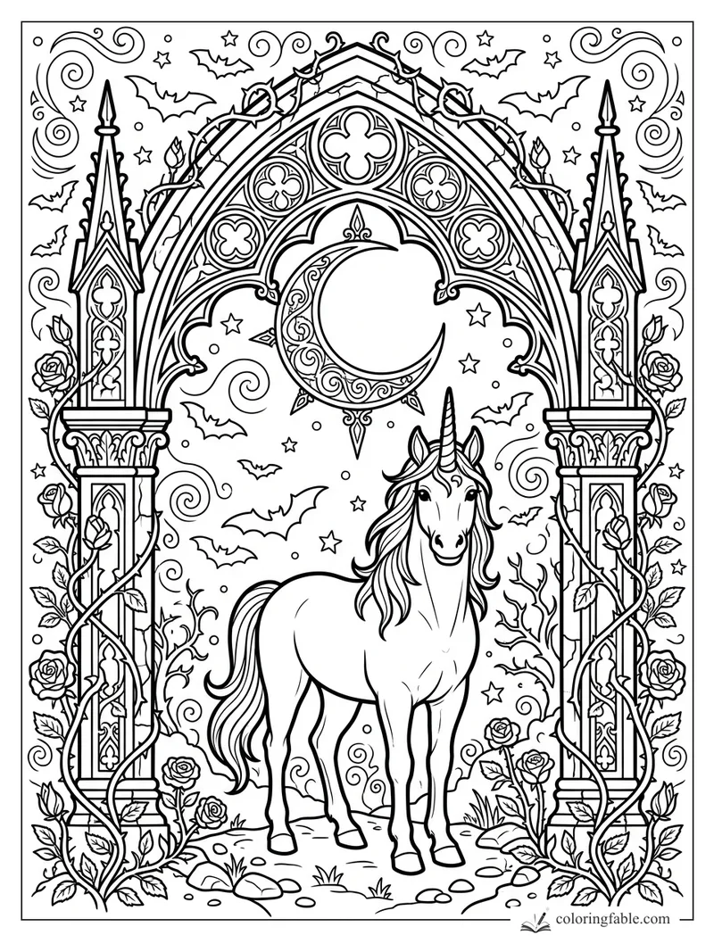 Gothic unicorn under a crescent moon arch with bats, roses, stars, and vine-wrapped spires