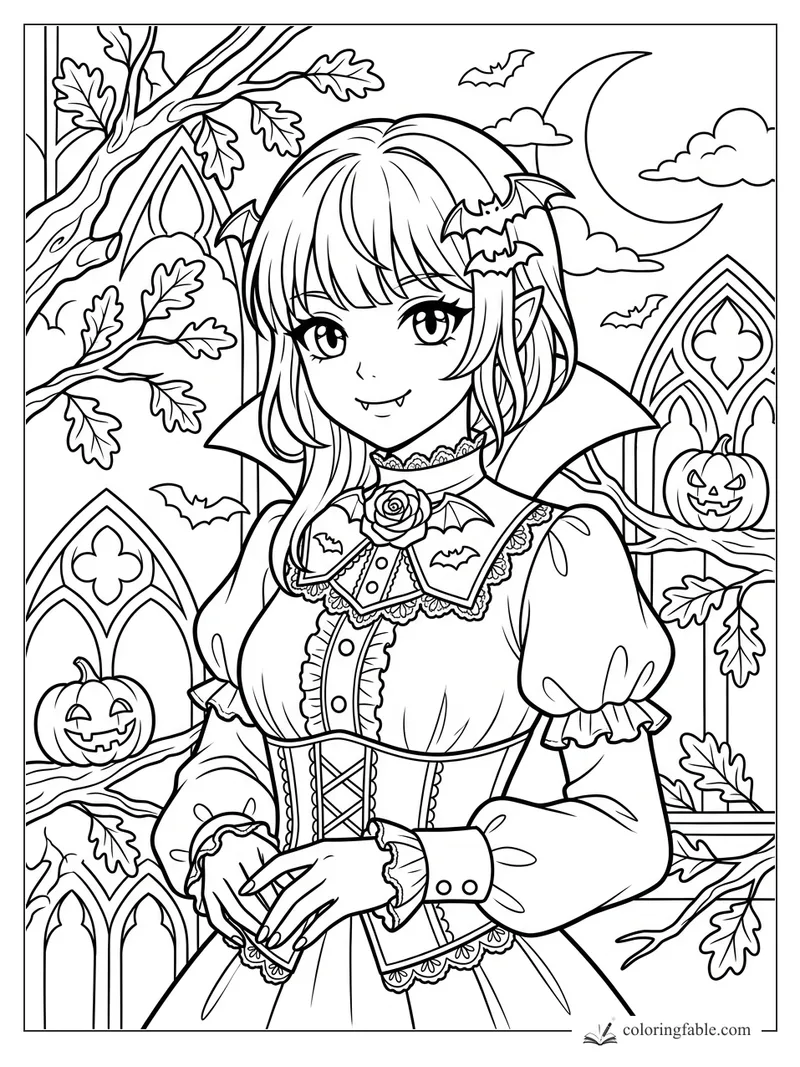 Anime vampire girl with bat hair clips, pumpkins, oak branches, gothic windows, and crescent moon