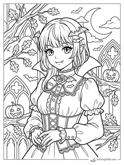 Anime vampire girl with bat hair clips, pumpkins, oak branches, gothic windows, and crescent moon