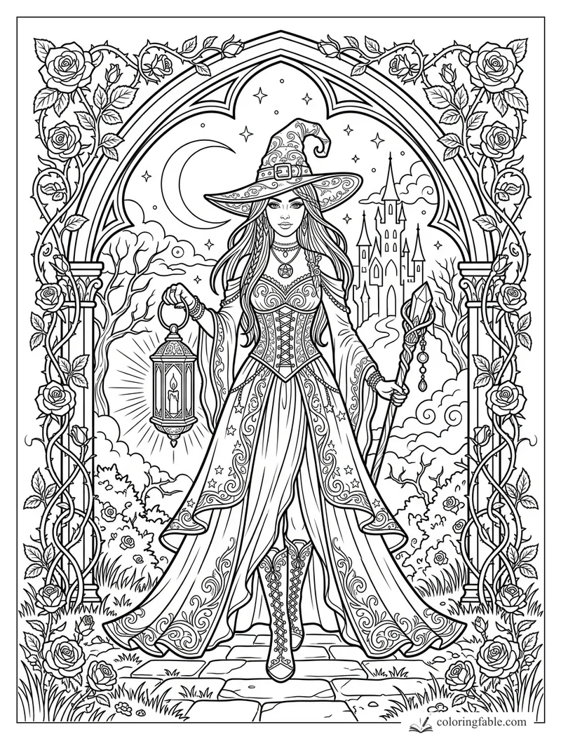 Intricate gothic witch holding a lantern and crystal staff under a rose arch with castle, moon, and stars.