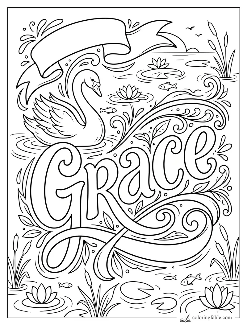 Grace name coloring page with a swan, ribbon banner, lily pads, cattails, fish, and curling pond waves.