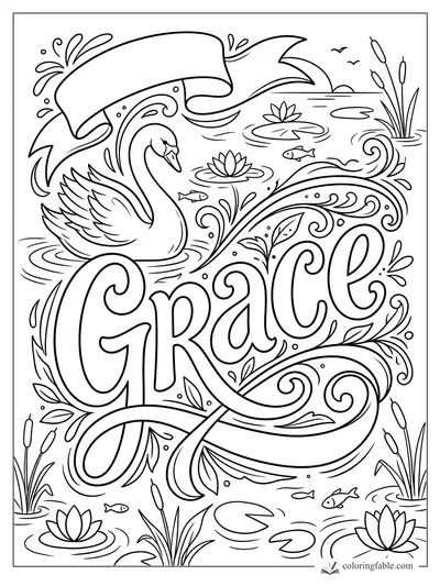 Grace name coloring page with a swan, ribbon banner, lily pads, cattails, fish, and curling pond waves.