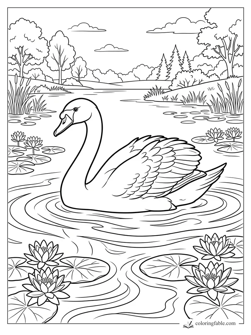 Realistic swan gliding on a lily pond with reeds, trees, clouds, and water lilies
