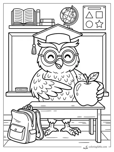Smiling owl teacher in glasses and graduation cap holding an apple at a classroom desk