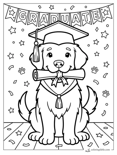 Smiling puppy in graduation cap holding a diploma under a GRADUATE banner with stars and paw prints