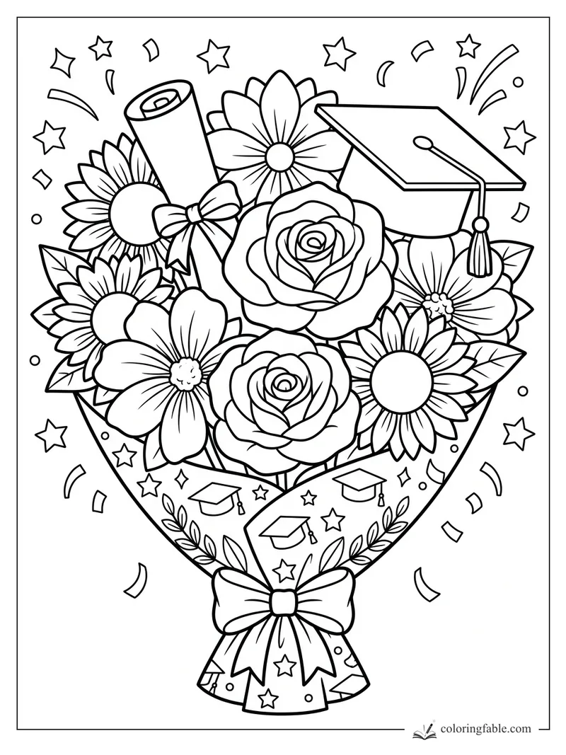 Cartoon graduation bouquet with roses, daisies, diploma scroll, cap, bow, stars, and confetti.