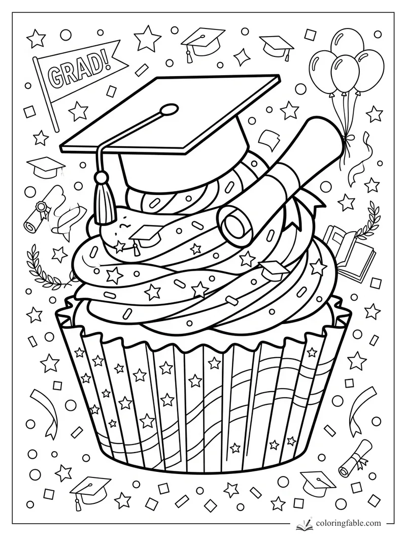 Graduation cupcake coloring page with mortarboard, diploma, GRAD flag, balloons, stars, and confetti.