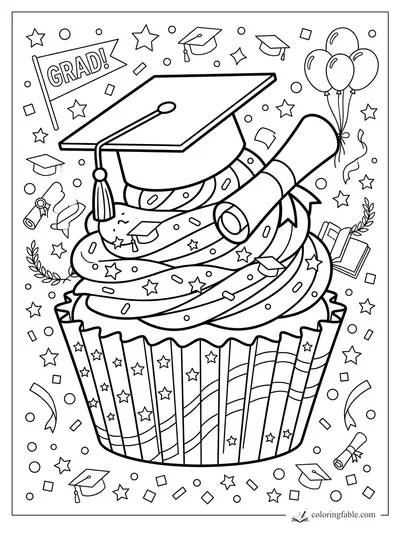 Graduation cupcake coloring page with mortarboard, diploma, GRAD flag, balloons, stars, and confetti.