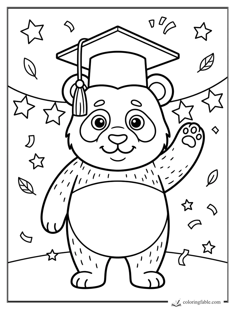 Smiling panda in a graduation cap waves beneath star garland, confetti, and floating leaves.