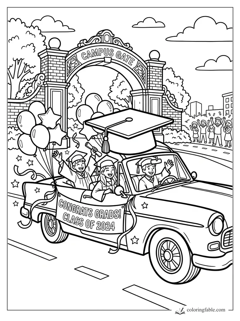 Cartoon graduation car with giant cap, grads, balloons, and Campus Gate banner