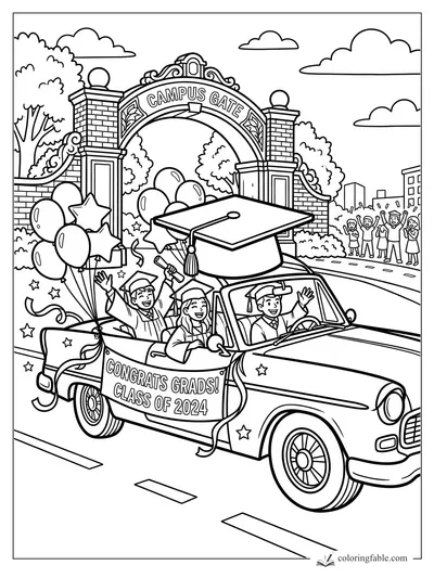 Cartoon graduation car with giant cap, grads, balloons, and Campus Gate banner