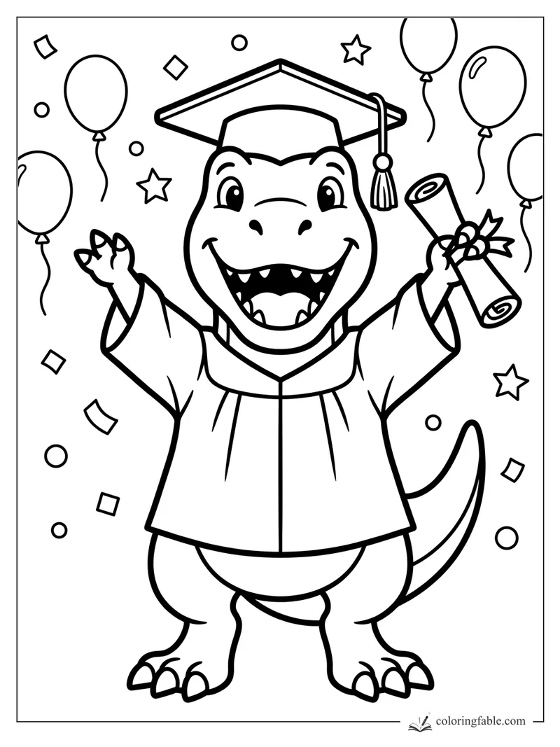 Smiling T. rex in cap and gown holding a diploma, with balloons, stars, and confetti