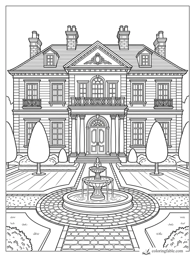 Realistic mansion coloring page with columns, balconies, chimneys, topiary trees, and a courtyard fountain.