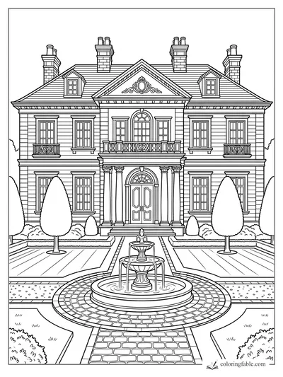 Realistic mansion coloring page with columns, balconies, chimneys, topiary trees, and a courtyard fountain.