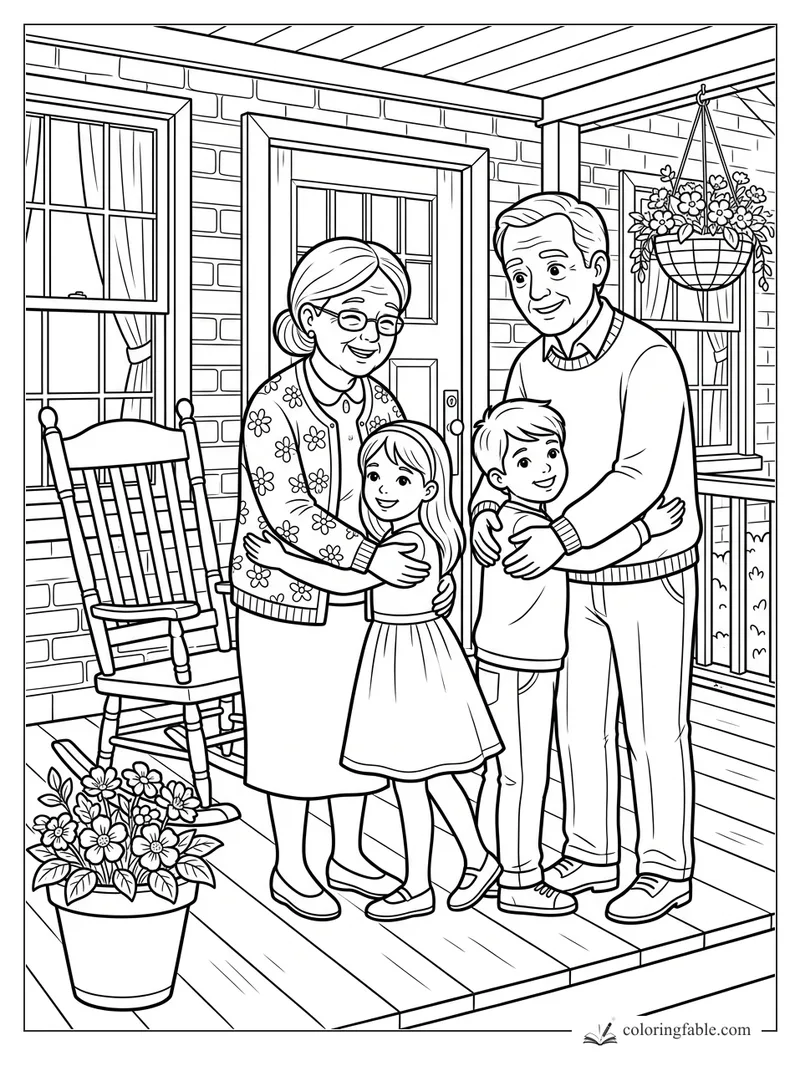 Grandparents hugging two smiling children on a brick house porch with rocking chair and flowers