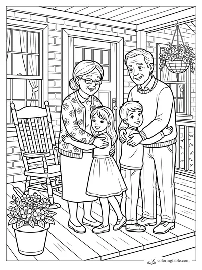 Grandparents hugging two smiling children on a brick house porch with rocking chair and flowers