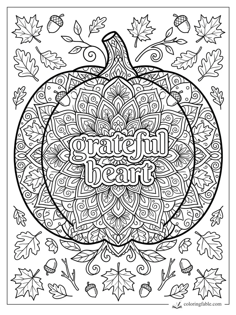 Intricate pumpkin mandala with “grateful heart,” autumn leaves, acorns, vines, and floral patterns.
