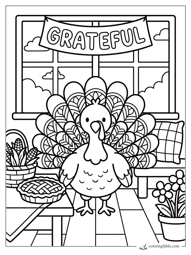Intricate cozy turkey coloring page with a grateful banner, pie, corn basket, flowers, and window bench.