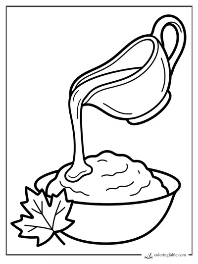 Minimalist Thanksgiving gravy boat pouring gravy onto mashed potatoes with a maple leaf.