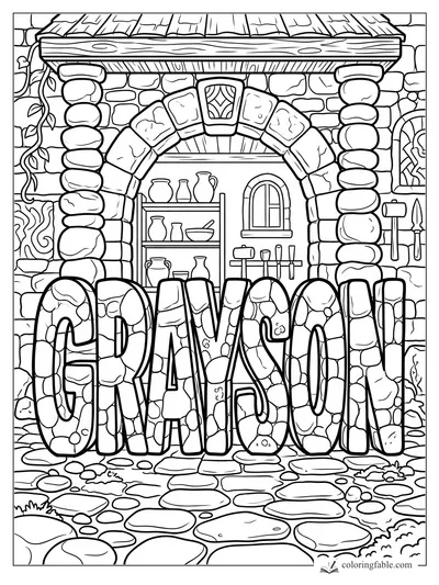 Grayson name coloring page with a stone cottage, arched doorway, shelves of pots, tools, and stepping stones