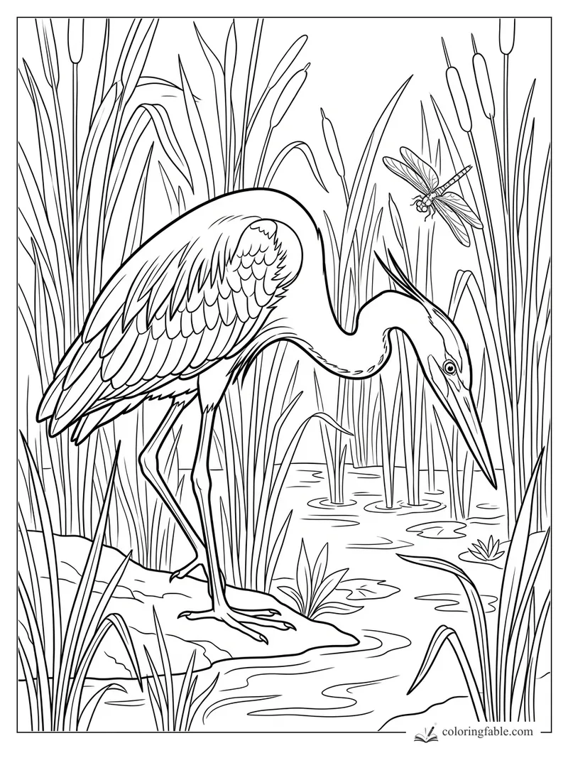 Realistic heron wading in marsh cattails, bending its long neck toward lily pads as a dragonfly hovers.