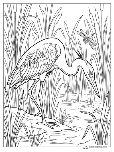 Realistic heron wading in marsh cattails, bending its long neck toward lily pads as a dragonfly hovers.