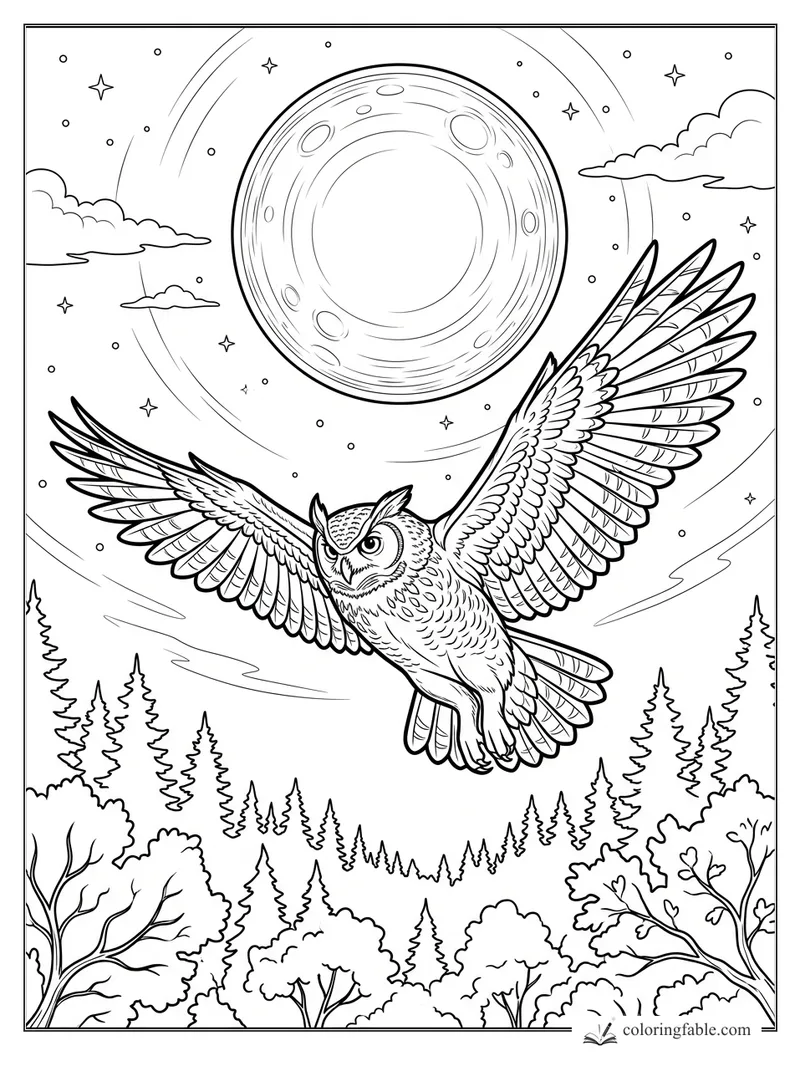 Realistic great horned owl flying over pine forest beneath a cratered full moon and stars