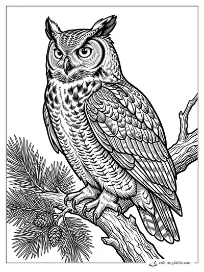 Intricate great horned owl perched on a pine branch with cones and sharp engraving-style feather lines.
