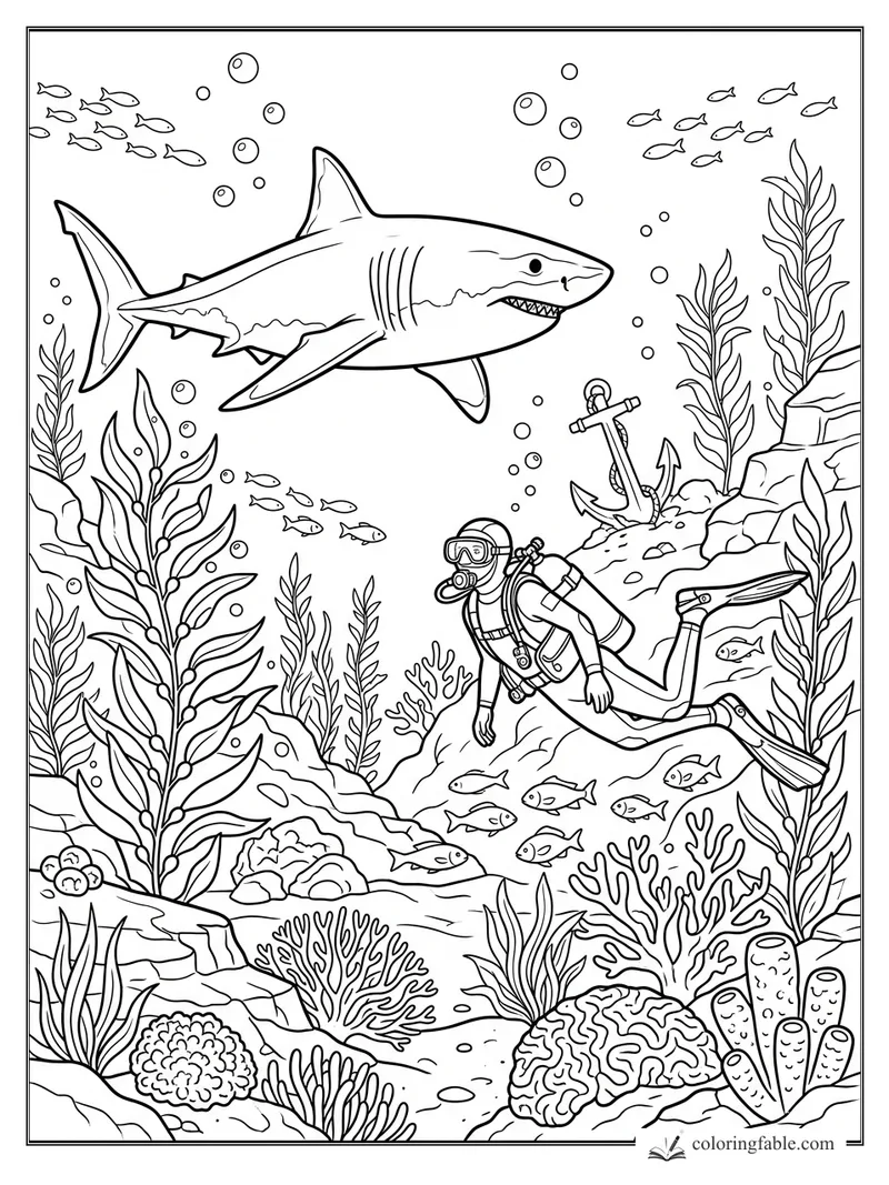 Great white shark swimming over a scuba diver, anchor, fish, kelp, coral, and bubbles on an ocean reef.