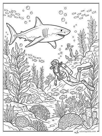 Great white shark swimming over a scuba diver, anchor, fish, kelp, coral, and bubbles on an ocean reef.