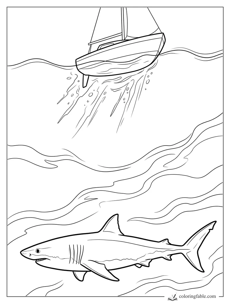 Great white shark swimming under a tilted sailboat with waves and splashing water trails