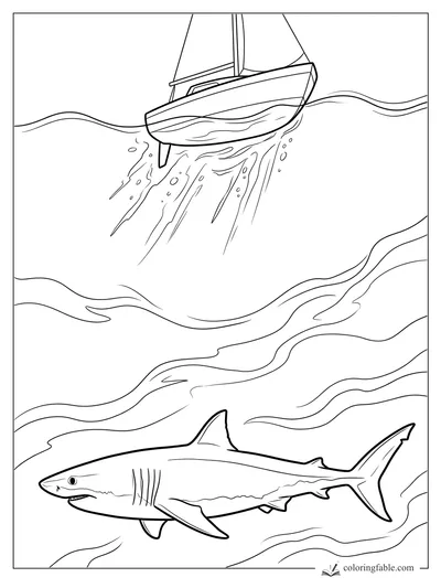 Great white shark swimming under a tilted sailboat with waves and splashing water trails