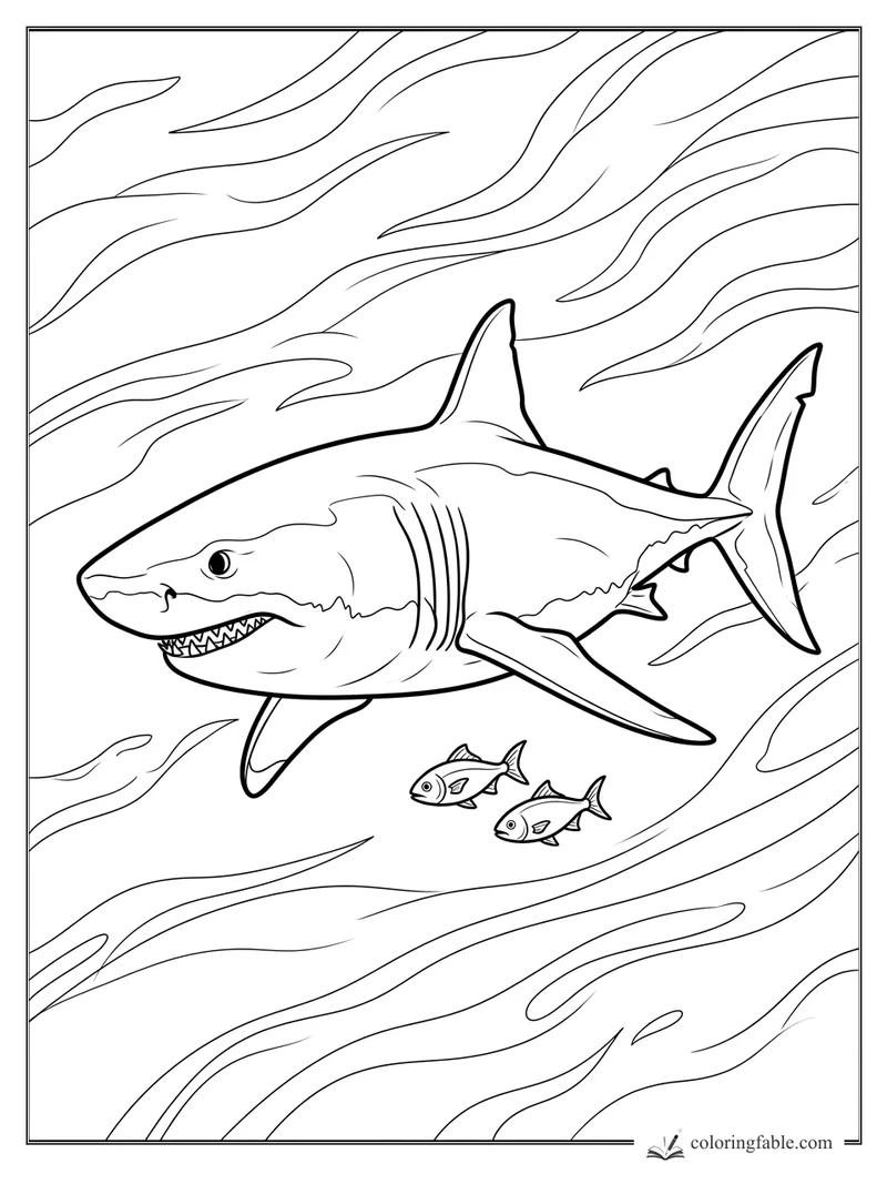Realistic great white shark swimming through current lines with two small fish below.