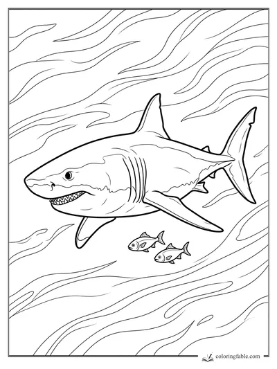 Realistic great white shark swimming through current lines with two small fish below.