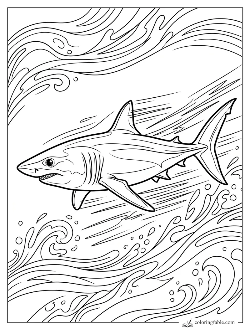 Great white shark swimming through swirling ocean currents and bubbles coloring page